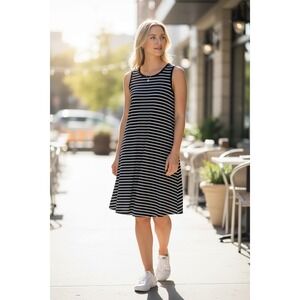 Anne Klein Navy Blue White Striped Sleeveless Shift Dress Womens Stretch Jersey